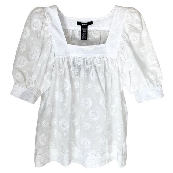 Smythe White Floral Embroidered Square Neck Puff Sleeve Top NWT Size Extra Small - Picture 3 of 6